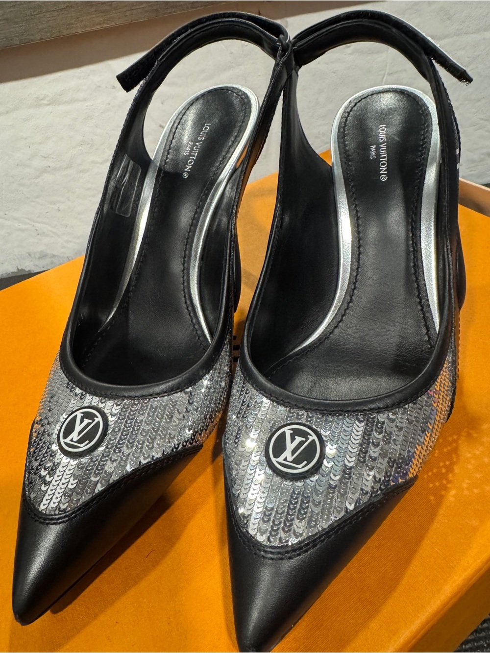 Louis Vuitton Black Leather Slingback Pumps with Silver Sequin Toe Logo